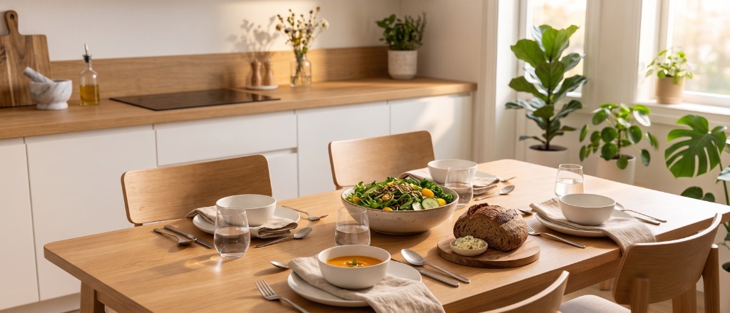 Table dressée pour un petit foyer — capacité 10 à 12 couverts