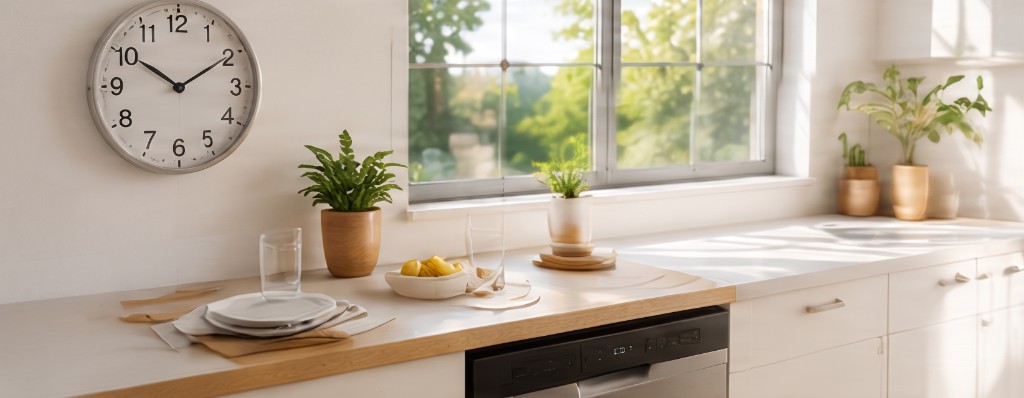 Cuisine lumineuse avec horloge indiquant un cycle court
