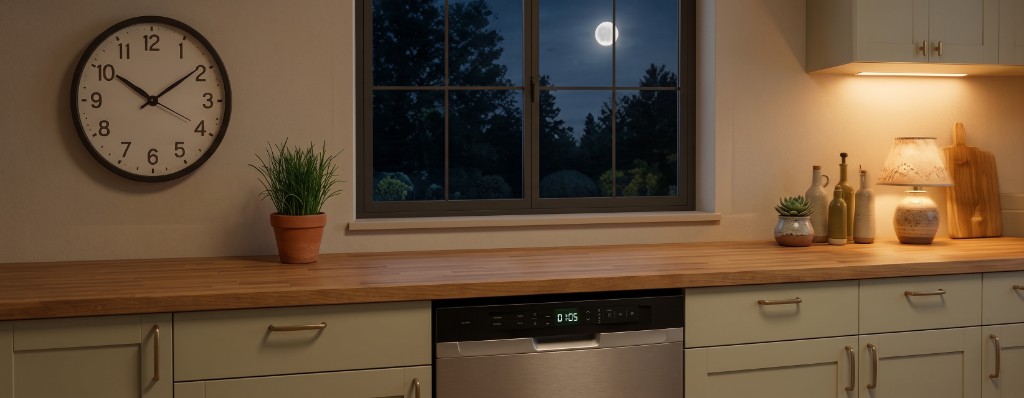 Cuisine la nuit avec lave-vaisselle en cycle long