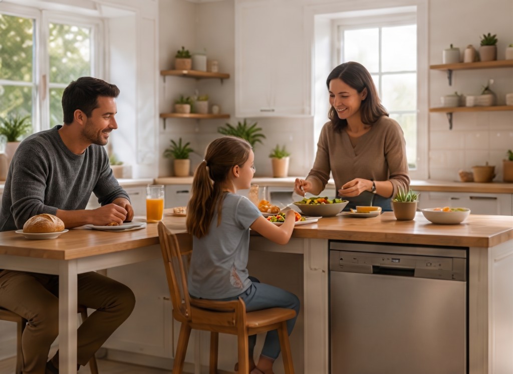 Famille à table avec lave-vaisselle silencieux en arrière-plan