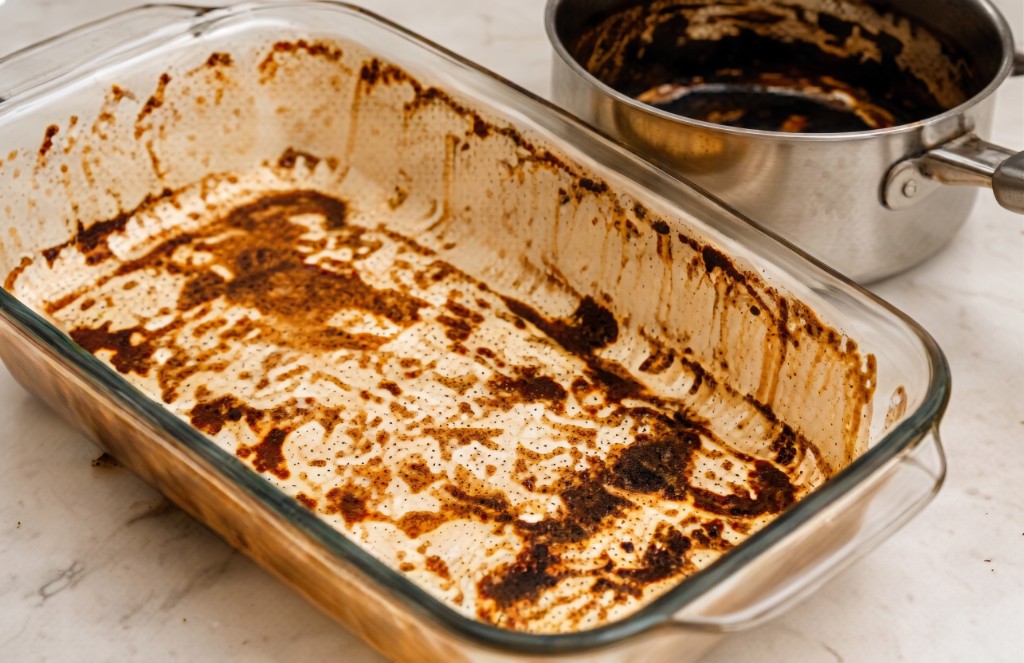 Plat et casserole très sales avec résidus incrustés
