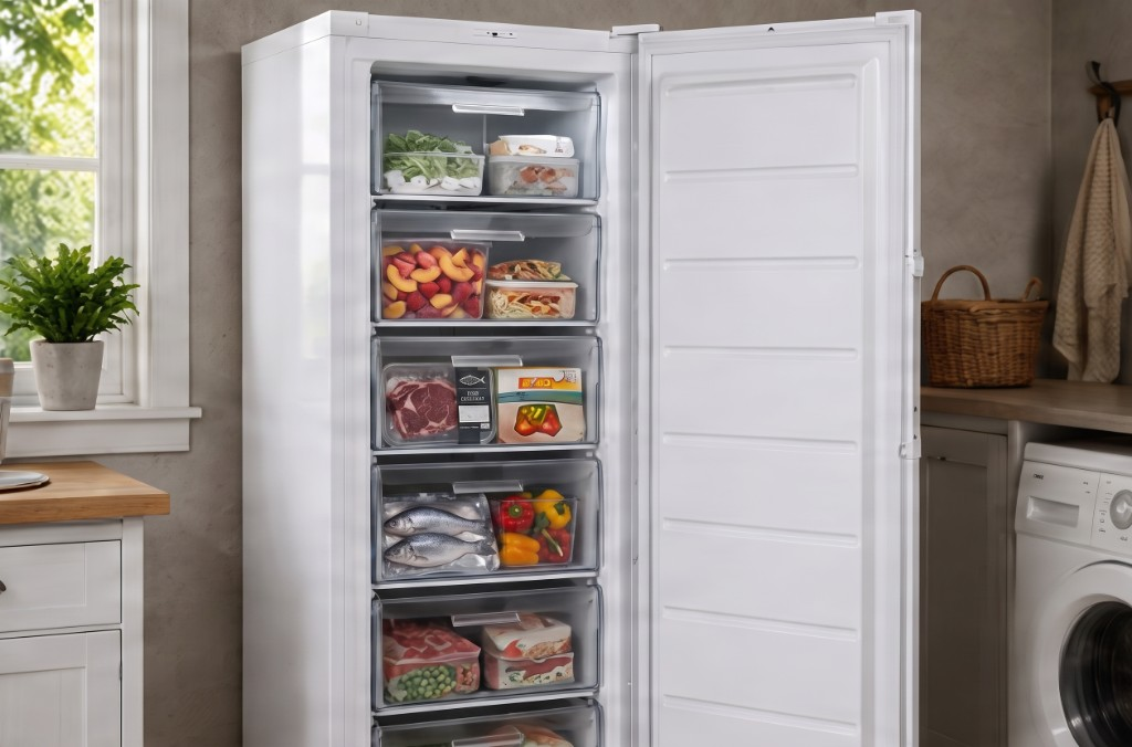 Congélateur armoire ouvert avec tiroirs organisés