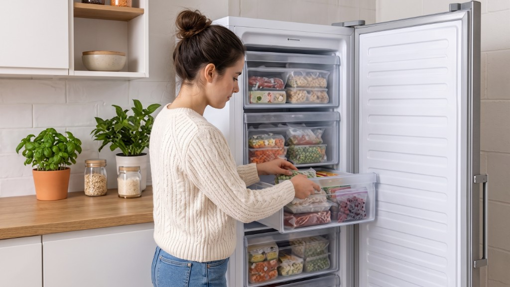 Accès aux tiroirs d'un congélateur armoire — ergonomie d'ouverture