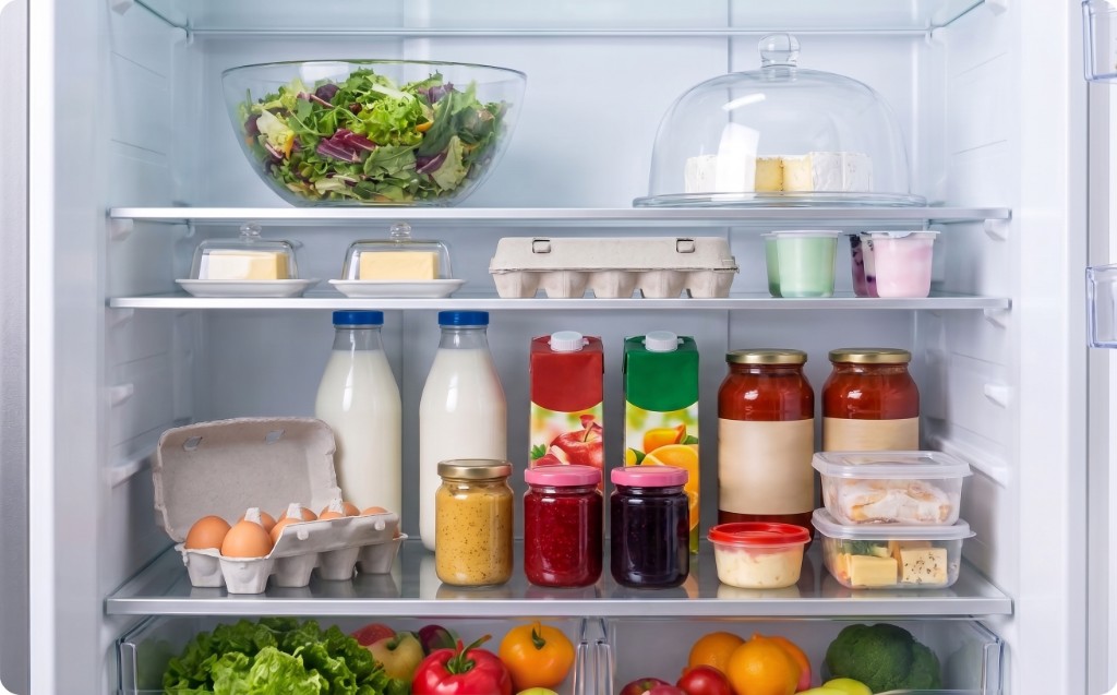 Clayettes de réfrigérateur organisées pour différents types d'aliments