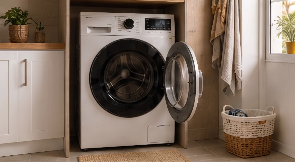 Dimensions et installation — lave-linge séchant encastré hublot ouvert
