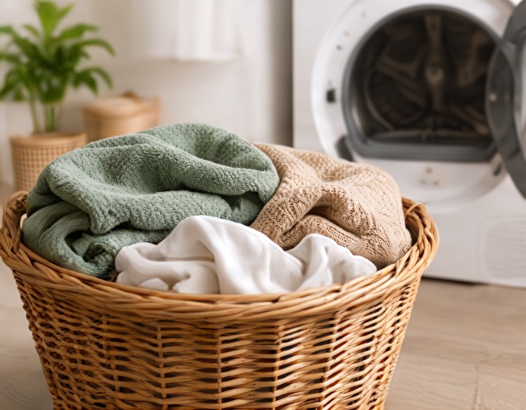 Séchage seul — panier de linge près d'un appareil ouvert