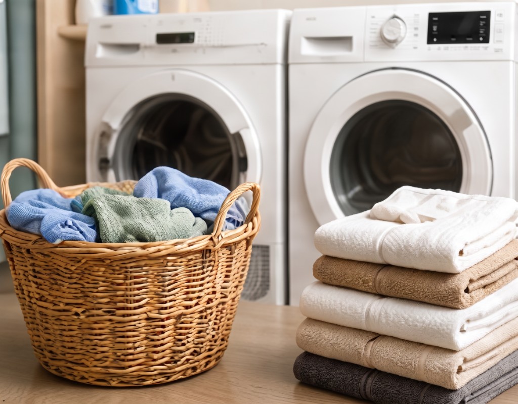 Lavage + séchage — panier de linge et serviettes pliées à côté des appareils