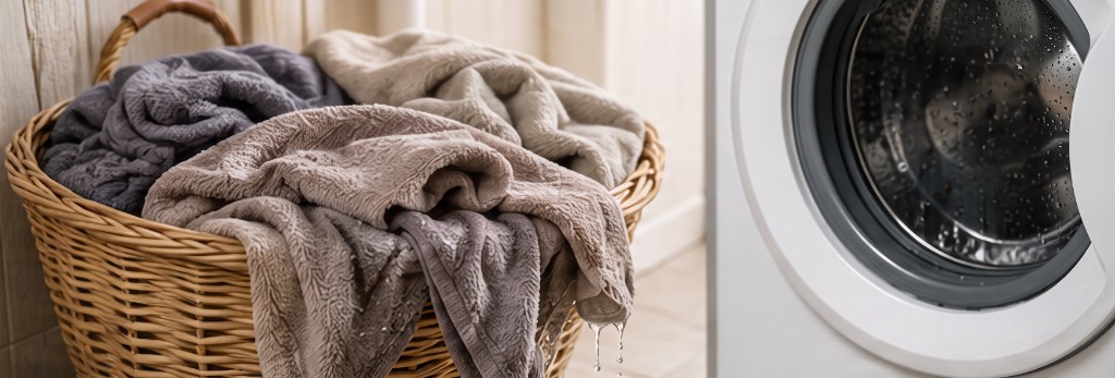 Linge plus humide — panier qui goutte près du lave-linge