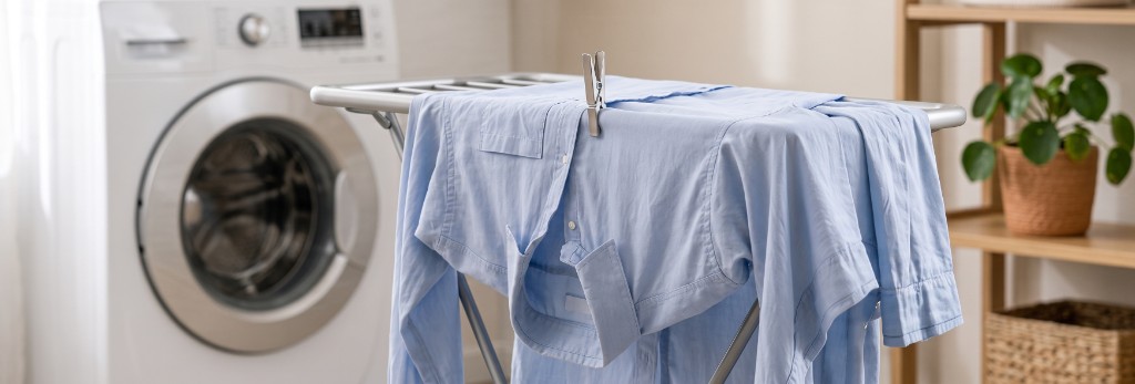 Essorage intermédiaire — chemise encore humide sur un étendoir
