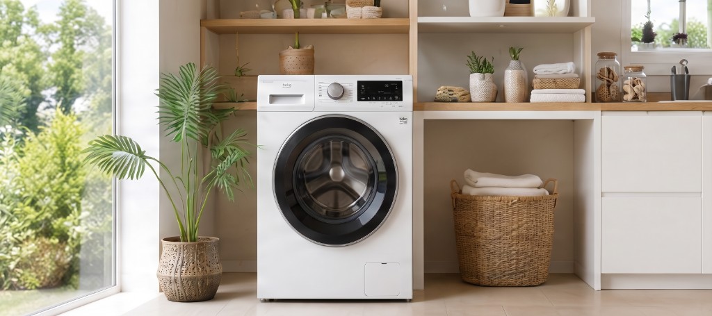 Lave-linge moderne dans une buanderie lumineuse — classe énergétique A