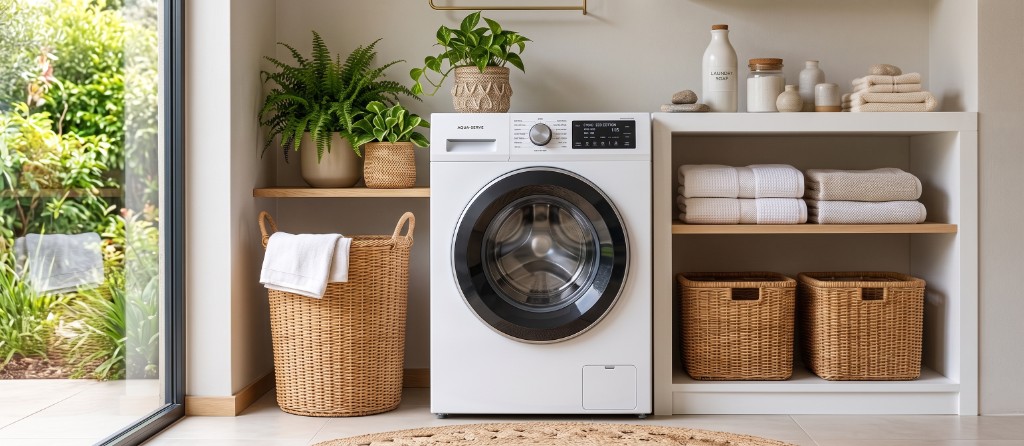 Lave-linge dans une cuisine moderne — classe énergétique B