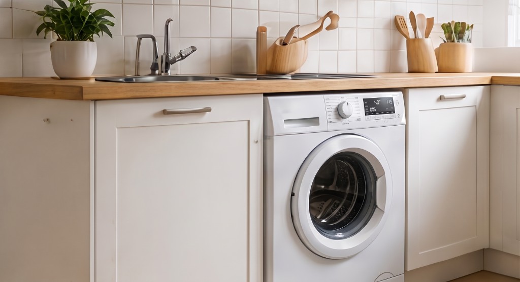 Lave-linge intégré dans une cuisine — bruit modéré acceptable dans une pièce fermée