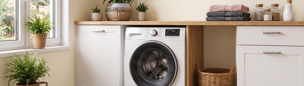 Lave-linge encastré sous plan de travail dans une cuisine