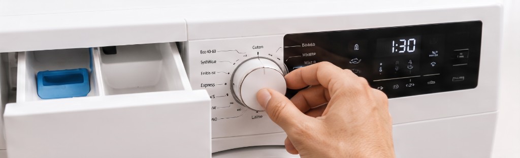 Main tournant le sélecteur de programmes sur un lave-linge