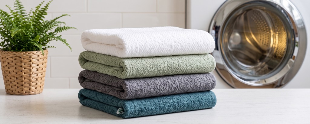 Serviettes bien essorées empilées — essorage efficace pour un linge moins humide