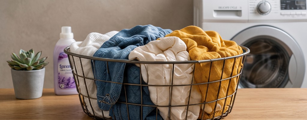 Linge du quotidien dans un panier — vitesse d'essorage courante pour un usage standard