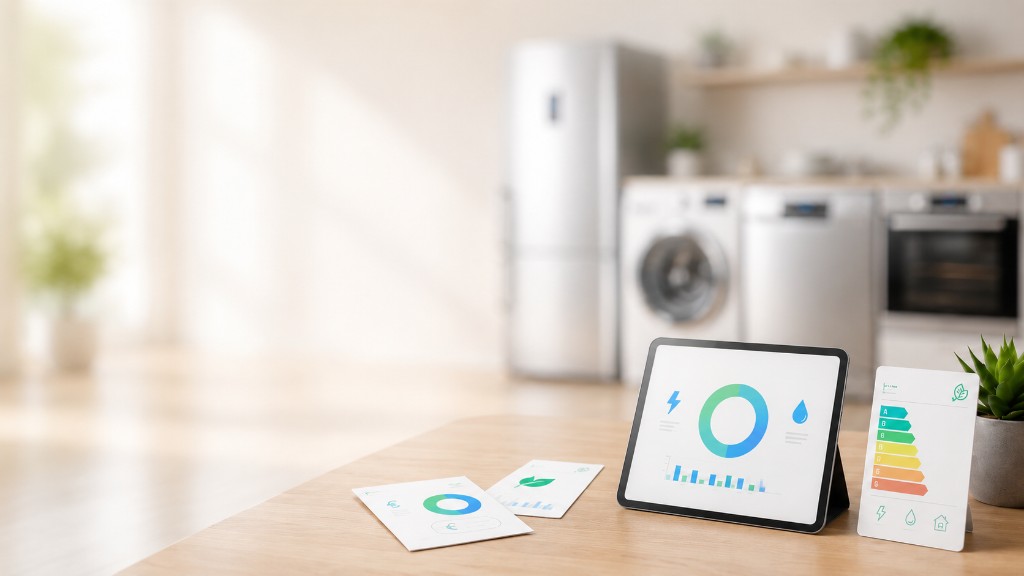 Comparateur électroménager : coût réel, consommation énergétique et prix d'achat sur une table, avec cuisine en arrière-plan