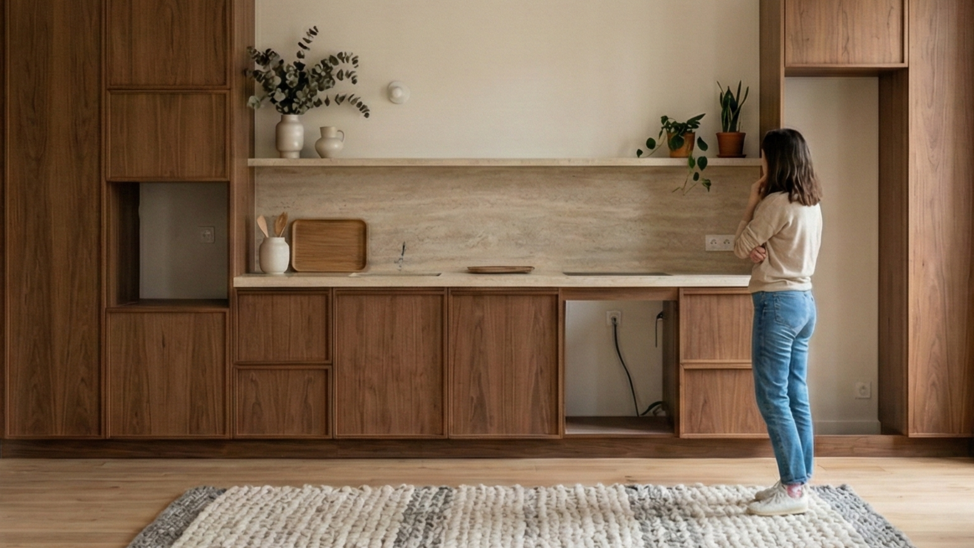 Cuisine partiellement aménagée avec emplacements prévus pour l’électroménager, avant choix des appareils